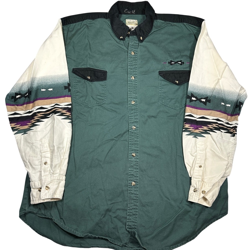 Vintage Western Shirt XL Green Aztec Colorblock Southwestern Mens Express Rider